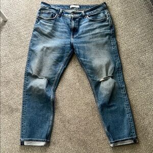 Zara Blue Boyfriend Jeans with Ripped Knees and Cuffed Hem